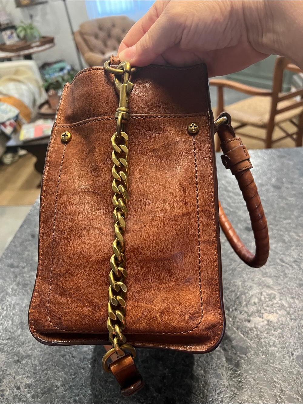Frye Cognac Brown Leather Satchel with Chain-Leather Strap - Picture 10 of 16